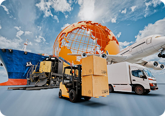 Forklift, truck, plane and cargo ship around a globe representing global logistics